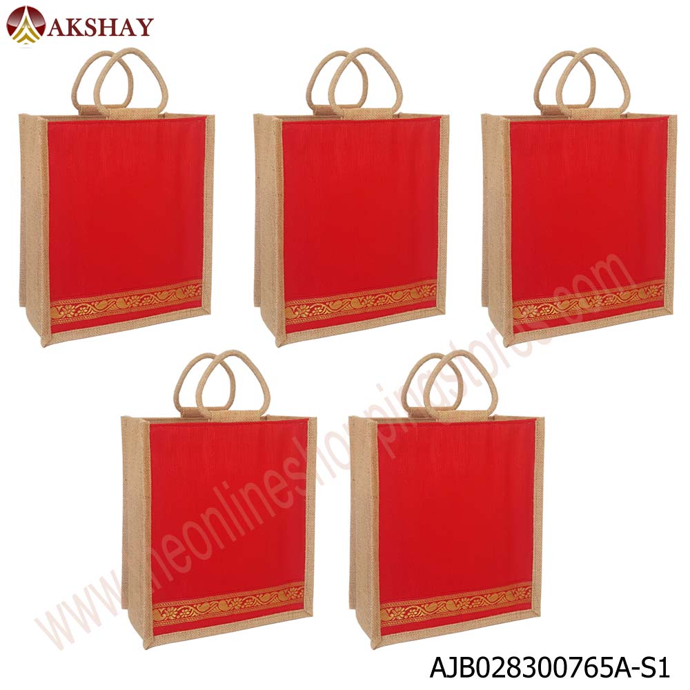 AKSHAY Raw Silk Jute Bag Red - Pack of 5