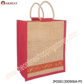 AKSHAY Dual Tone Red & Natural Jute Bag - W10 H12 Side 6 Inches