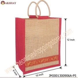 AKSHAY Dual Tone Red & Natural Jute Bag - W10 H12 Side 6 Inches